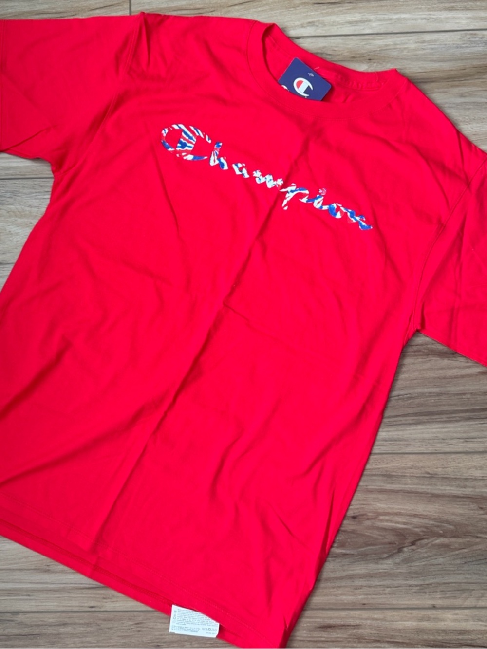 Champion Patriotic Script Logo Tee Red White Blue Tie Dye Graphic NWT Medium